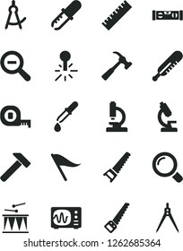 Solid Black Vector Icon Set - yardstick vector, zoom out, wind direction indicator, mercury thermometer, drumroll, hand saw, arm, measuring tape, building level, hammer, with claw, magnifier