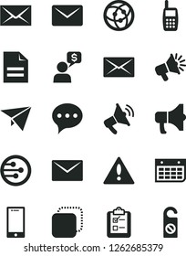 Solid Black Vector Icon Set - warning vector, envelope, scribbled paper, speech, smartphone, survey, megaphone, copy, loudspeaker, wall calendar, mobile phone, network, mail, plane, money dialog