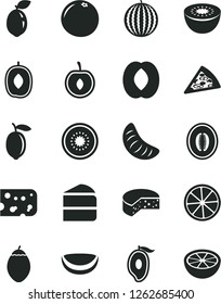 Solid Black Vector Icon Set - piece of cheese vector, pizza, cake, water melon, half mango, delicious plum, peach, slice tangerine, cherry, lemon, kiwi, tamarillo, sour lime, coconut, grapefruit