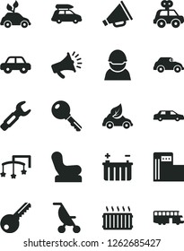 Solid Black Vector Icon Set - horn vector, toys over the cot, Baby chair, summer stroller, motor vehicle, present, key, modern gas station, battery, racer, eco car, retro, steel repair, limousine