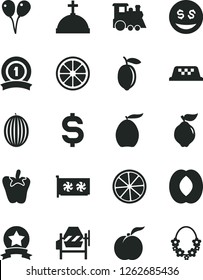 Solid Black Vector Icon Set - children's train vector, colored air balloons, concrete mixer, peper, ripe peach, quince, melon, loquat, half, lemon, juicy, slice of, denomination the dollar, gpu card