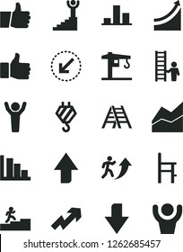 Solid Black Vector Icon Set - upward direction vector, downward, growth up, line chart, positive histogram, a chair for feeding, crane, hook, ladder, left bottom arrow, thumb, finger, man, graph