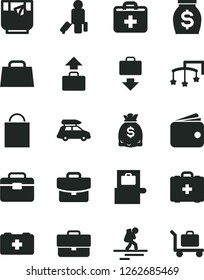 Solid Black Vector Icon Set - briefcase vector, paper bag, first aid kit, toys over the cot, of a paramedic, medical, portfolio, suitcase, glass tea, wallet, money, dollars, hand, car baggage