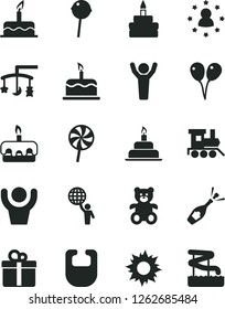 Solid Black Vector Icon Set - toys over the cradle vector, bib, teddy bear, baby toy train, colored air balloons, cake, birthday, gift, torte, Chupa Chups, lollipop, man hold world, hands up, sun