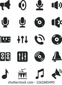 Solid Black Vector Icon Set - bell vector, desktop microphone, loudspeaker, drumroll, music, CD, regulator, volume, no sound, phone call, megaphone, pc card, speaker, note, settings