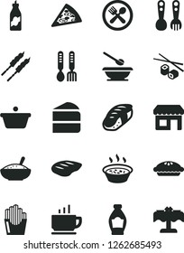 Solid Black Vector Icon Set - plates and spoons vector, plastic fork, iron, coffee, piece of pizza, cake, pie, a bowl rice porridge, in saucepan, chop, barbecue, fried potato slices, sushi, bottle