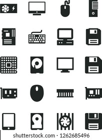 Solid Black Vector Icon Set - floppy disk vector, monitor, keyboard, screen, processor, computer, tablet pc, radiator fan, mouse, power supply, tower, motherboard, card, hdd