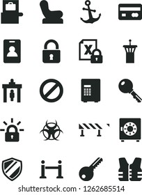 Solid Black Vector Icon Set - prohibition vector, Baby chair, key, road fence, lock, anchor, strongbox, reverse side of a bank card, encrypting, biohazard, airport tower, rope barrier, identity