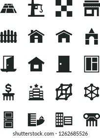 Solid Black Vector Icon Set - house vector, box of bricks, dwelling, window, ntrance door, interroom, city block, tile, hedge, paving slab, home, tower crane, 3d cube, exit, dollar column, hotel