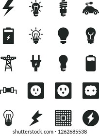 Solid Black Vector Icon Set - lightning vector, matte light bulb, power socket type b, f, charge level, charging battery, pole, electric plug, energy saving, car, processor, resistor, electricity