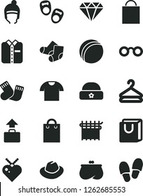 Solid Black Vector Icon Set - paper bag vector, hat, bath ball, warm socks, Knitted, shoes for little children, winter, with handles, T shirt, folded, hanger, cloth industry, purse, glasses, diamond