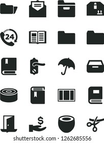 Solid Black Vector Icon Set - folder vector, book, e, window frame, door knob, received letter, umbrella, drawer, cardboard box, 24, canned goods, half of coconut, get a wage, exit, grand opening