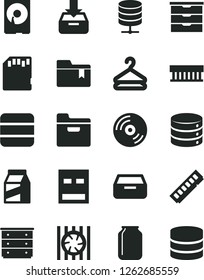 Solid Black Vector Icon Set - folder bookmark vector, storage unit, chest of drawers, CD, big data, server, put in a box, drawer, package, hanger, jar, radiator fan, memory, hdd, usb, sd card