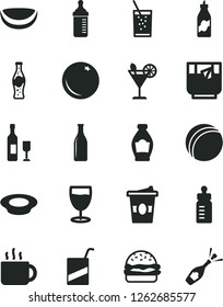 Solid Black Vector Icon Set - feeding bottle vector, measuring for, bath ball, e, burger, a plate of milk, cup tea, coffe to go, glass soda, cocktail, orange, liquor, piece coconut, wine, champagne
