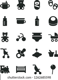 Solid Black Vector Icon Set - baby cot vector, dummy, mug for feeding, bottle, measuring, diaper, bib, carriage, summer stroller, sitting, roly poly doll, toy sand set, children's potty, teddy bear
