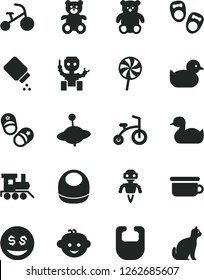 Solid Black Vector Icon Set - baby powder vector, bib, rubber duck, duckling, children's potty, teddy bear, small, hairdo, toy train, yule, child bicycle, tricycle, shoes for little children, robot