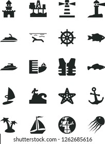 Solid Black Vector Icon Set - anchor vector, small fish, commercial seaport, lighthouse, coastal, planet, sand castle, sail boat, hotel, beach, palm tree, starfish, surfing, handwheel, life vest
