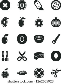 Solid Black Vector Icon Set - scissors vector, mark of injury, iron fork spoons, arm saw, knife, cheese, pizza, slices onion, half pomegranate, plum, mango, peach, melon, cherry, lemon, juicy, kiwi