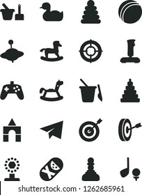 Solid Black Vector Icon Set - paper airplane vector, rubber duck, bath ball, stacking rings, toy, tumbler, sand set, children's, yule, rocking horse, small, box of bricks, joystick, cup, pawn, aim