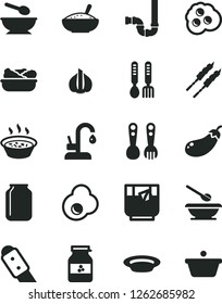 Solid Black Vector Icon Set - deep plate with a spoon vector, plates and spoons, plastic fork, iron, siphon, knife, kitchen faucet, bowl of rice porridge, in saucepan, lettuce, barbecue, glass tea