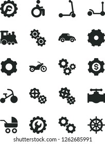 Solid Black Vector Icon Set - truck lorry vector, baby carriage, children's train, tricycle, Kick scooter, child, gears, cogwheel, gear, star, valve, retro car, dollar, motorcycle, disabled