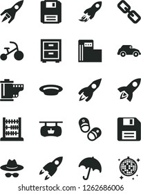 Solid Black Vector Icon Set - floppy disk vector, spectacles, hat with glasses, camera roll, bedside table, tricycle, child shoes, abacus, umbrella, plate, modern gas station, retro car, rocket