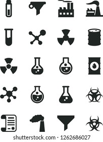 Solid Black Vector Icon Set - round flask vector, manufacture, factory, oil, barrel, industrial building, radiation, filter, water, research article, test tube, molecule, nuclear, biohazard
