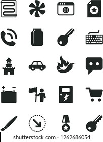 Solid Black Vector Icon Set - tassel vector, keyboard, motor vehicle, key, dangers, heating coil, phone call, right bottom arrow, hot pepper, marine propeller, accumulator, jar, shopping cart, think