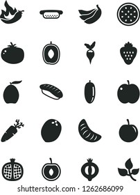 Solid Black Vector Icon Set - mini hot dog vector, tomato, carrot, japanese sushi, strawberry, apple, half pomegranate, of medlar, loquat, delicious plum, date fruit, slice tangerine, tasty, cherry