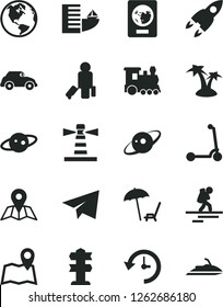 Solid Black Vector Icon Set - paper airplane vector, child Kick scooter, map, retro car, lighthouse, history, saturn, rocket, earth, train, backpacker, passenger, passport, hotel, palm tree, jet ski