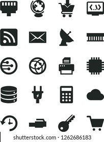 Solid Black Vector Icon Set - envelope vector, rss feed, big data, put in cart, electric plug, calculator, radiator fan, cpu, printer, network, coding, lan connector, history, cloud, globe, key