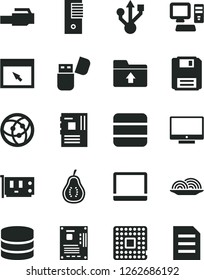 Solid Black Vector Icon Set - upload folder vector, screen, onion, part of guava, processor, computer, notebook pc, tower, motherboard, card, usb, flash, network, browser, floppy, lan connector