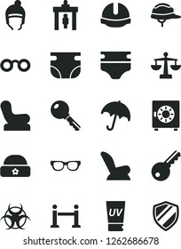 Solid Black Vector Icon Set - scales vector, diaper, nappy, Baby chair, car child seat, winter hat, warm, construction helmet, key, umbrella, strongbox, glasses, biohazard, rope barrier, uv cream
