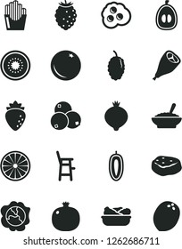 Solid Black Vector Icon Set - a chair for feeding child vector, bowl of buckwheat porridge, lettuce in plate, grill chicken leg, piece meat, fried potato slices, omelette, orange, pomegranate, tasty