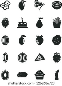 Solid Black Vector Icon Set - cake vector, sausage, piece of pizza, muffin, French fries, sushi set, popcorn, strawberries, strawberry, blackberry, tasty raspberry, melon, water, mango, lemon