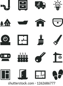 Solid Black Vector Icon Set - bedside table vector, bath, window, arm saw, wooden paint brush, sink, siphon, laying out, lay of flat, key, radiator, home, Construction crane, light bulb, web camera