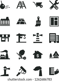 Solid Black Vector Icon Set - crane vector, building trolley, concrete mixer, window, small tools, paint roller, wooden brush, ladder, buildings, paving slab, core, kiosk, manufacture, factory