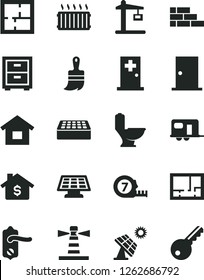 Solid Black Vector Icon Set - bedside table vector, dwelling, brick wall, long meashuring tape, wooden paint brush, toilet, laying out, lay of flat, door knob, ntrance, big solar panel, lighthouse