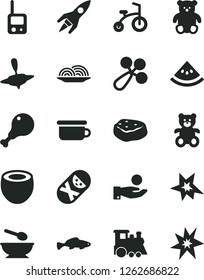 Solid Black Vector Icon Set - baby rattle vector, tumbler, toy phone, deep plate with a spoon, children's potty, teddy bear, small, train, yule, child bicycle, onion, chicken leg, piece of meat