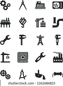 Solid Black Vector Icon Set - tower crane vector, hook, gears, water pipes, hydroelectric station, power line, industrial building, enterprise, Construction, processor, steel repair key, calipers