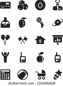 Solid Black Vector Icon Set - baby carriage vector, bath ball, toy phone, mobile, colored air balloons, put in a box, plum, blueberry, blueberries, ripe, front of the bank card, engineer calculator