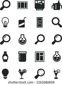 Solid Black Vector Icon Set - matte light bulb vector, incandescent lamp, magnifier, measuring cup for feeding, e, window, frame, interroom door, a glass of tea, cocktail, jam, bottle, round flask