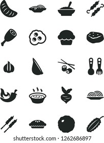 Solid Black Vector Icon Set - plastic fork spoons vector, onion, slices of, cake, pie, a bowl buckwheat porridge, in saucepan, chicken thigh, barbecue, meat on skewers, cabbage, piece, chili, garlic