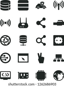 Solid Black Vector Icon Set - power socket type f vector, big data, server, autopilot, connection, connections, scheme, cpu, pc card, router, network, browser, coding, lan connector, wireless, earth