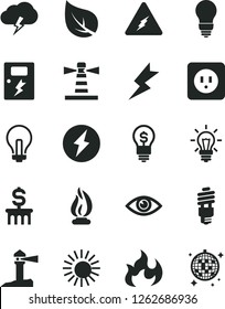 Solid Black Vector Icon Set - incandescent lamp vector, bulb, power socket type b, lightning, dangers, eye, storm cloud, leaf, energy saving, lighthouse, coastal, light, electricity, flame, idea