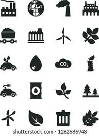 Solid Black Vector Icon Set - dust bin vector, drop, apple stub, leaves, leaf, windmill, wind energy, manufacture, oil, hydroelectricity, forest, industrial building, factory, electric car, CO2