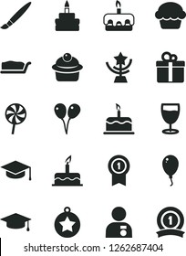 Solid Black Vector Icon Set - tassel vector, colored air balloons, balloon, cake, gift, square academic hat, muffin, slice, torte, birthday, lollipop, glass, star cup, man with medal, graduate
