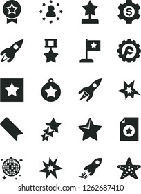 Solid Black Vector Icon Set - bookmark vector, star gear, rocket, space, bang, reward, medal, flag, hero, certificate, dollar, stars around man, three, disco ball, starfish