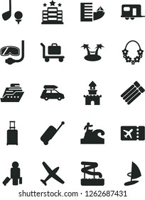 Solid Black Vector Icon Set - sand castle vector, plane, car baggage, camper, passenger, rolling suitcase, ticket, case, hotel, hawaii wreath, aquapark, diving mask, surfing, golf, cruiser
