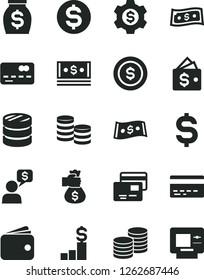 Solid Black Vector Icon Set - bank card vector, cards, coins, front of the, column, denomination dollar, wallet, money, cash, bag hand, coin, pedestal, gear, dialog, atm